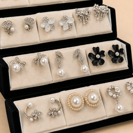 Crystal Muse – 12 Pairs Korean Silver Stud Earrings Set with Velvet Box