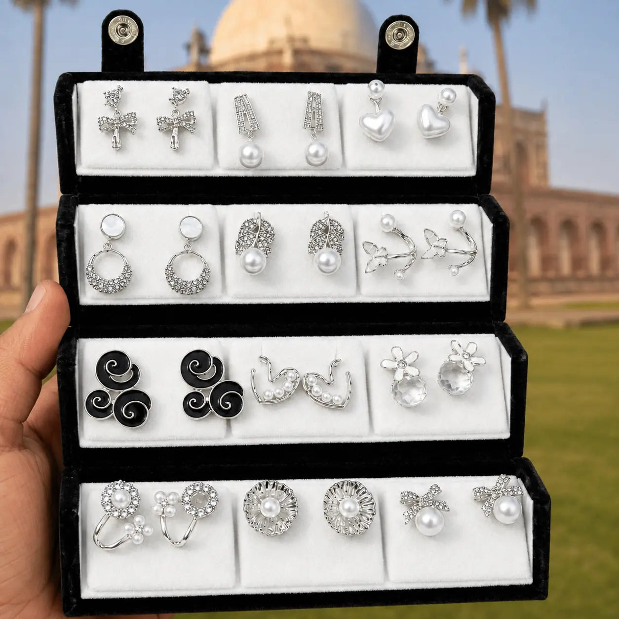 Pearl Noir – 12 Pairs Korean Silver Stud Earrings Set with Velvet Box