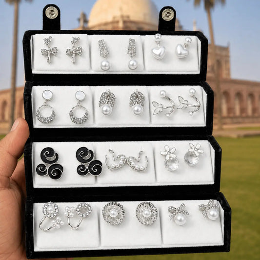 Pearl Noir – 12 Pairs Korean Silver Stud Earrings Set with Velvet Box