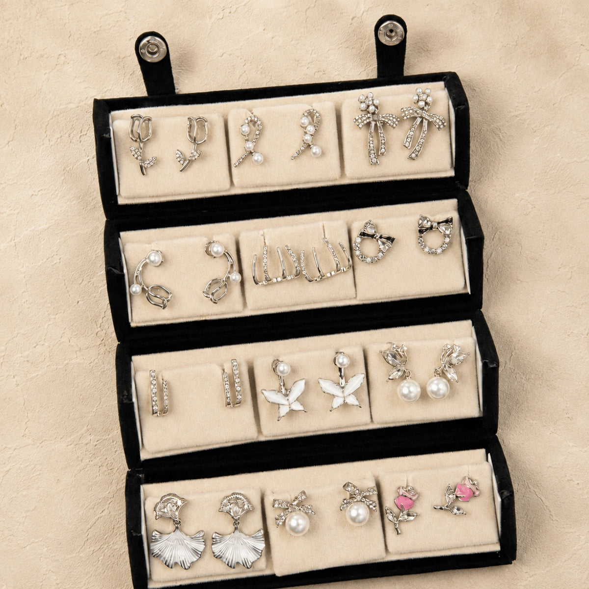Charm Box – 12 Pairs Korean Silver Stud Earrings Set with Velvet Box