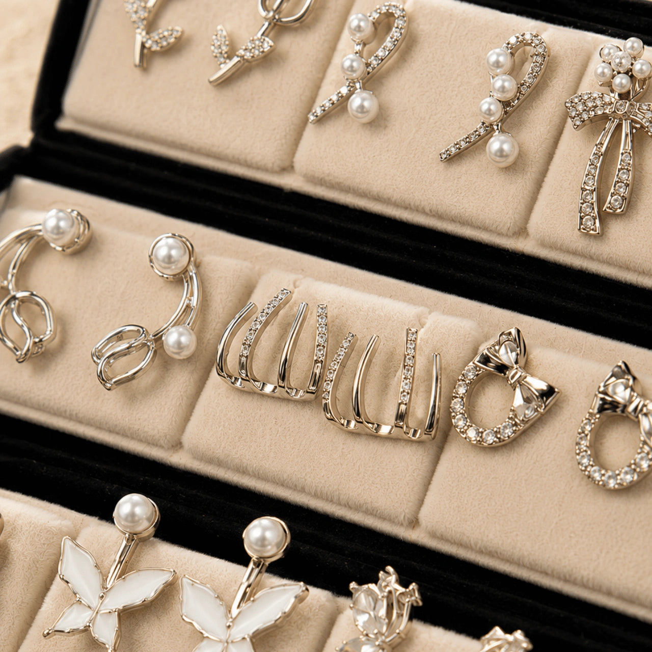Charm Box – 12 Pairs Korean Silver Stud Earrings Set with Velvet Box