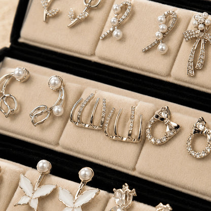 Charm Box – 12 Pairs Korean Silver Stud Earrings Set with Velvet Box