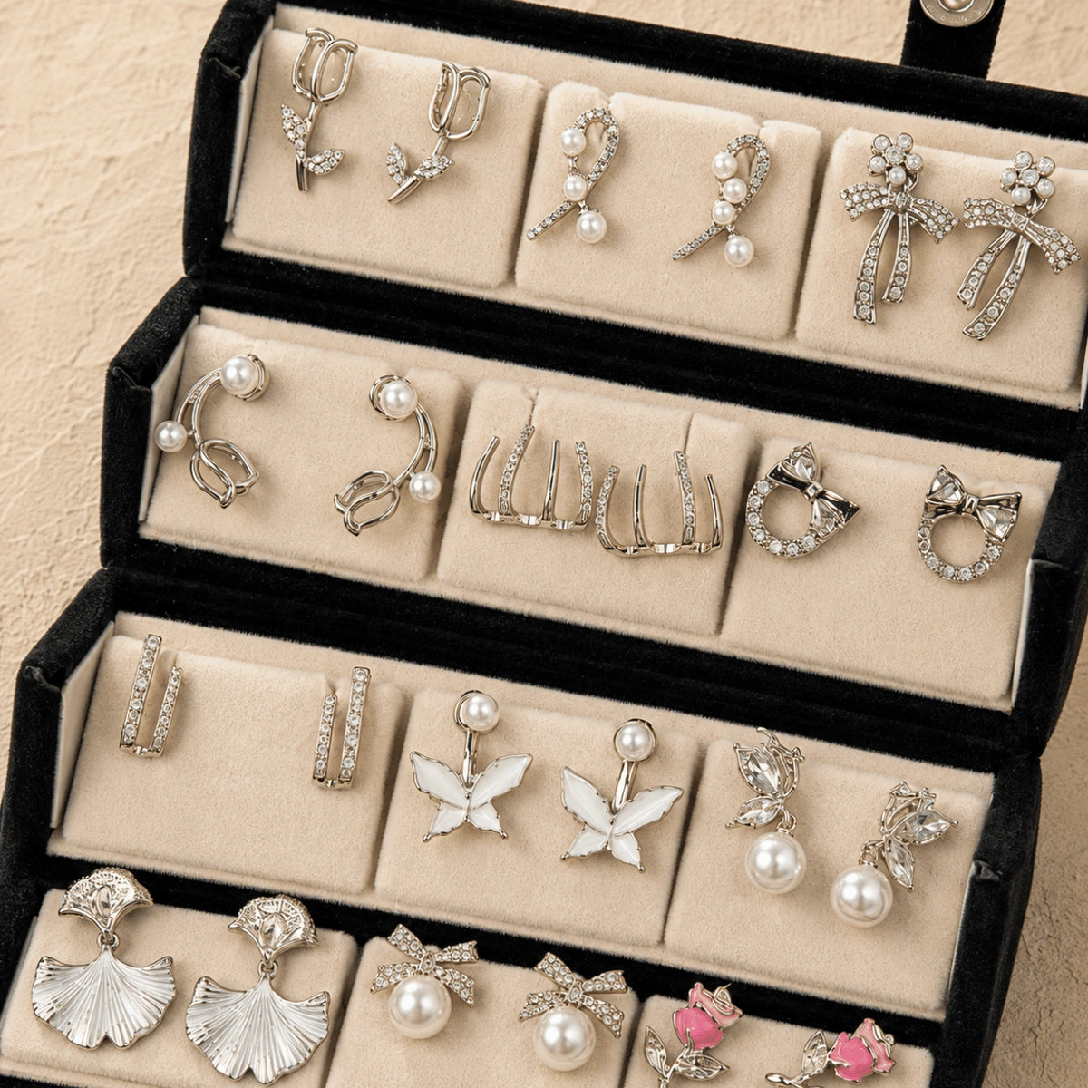 Charm Box – 12 Pairs Korean Silver Stud Earrings Set with Velvet Box
