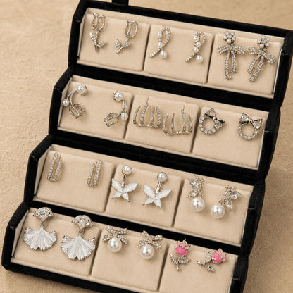 Charm Box – 12 Pairs Korean Silver Stud Earrings Set with Velvet Box