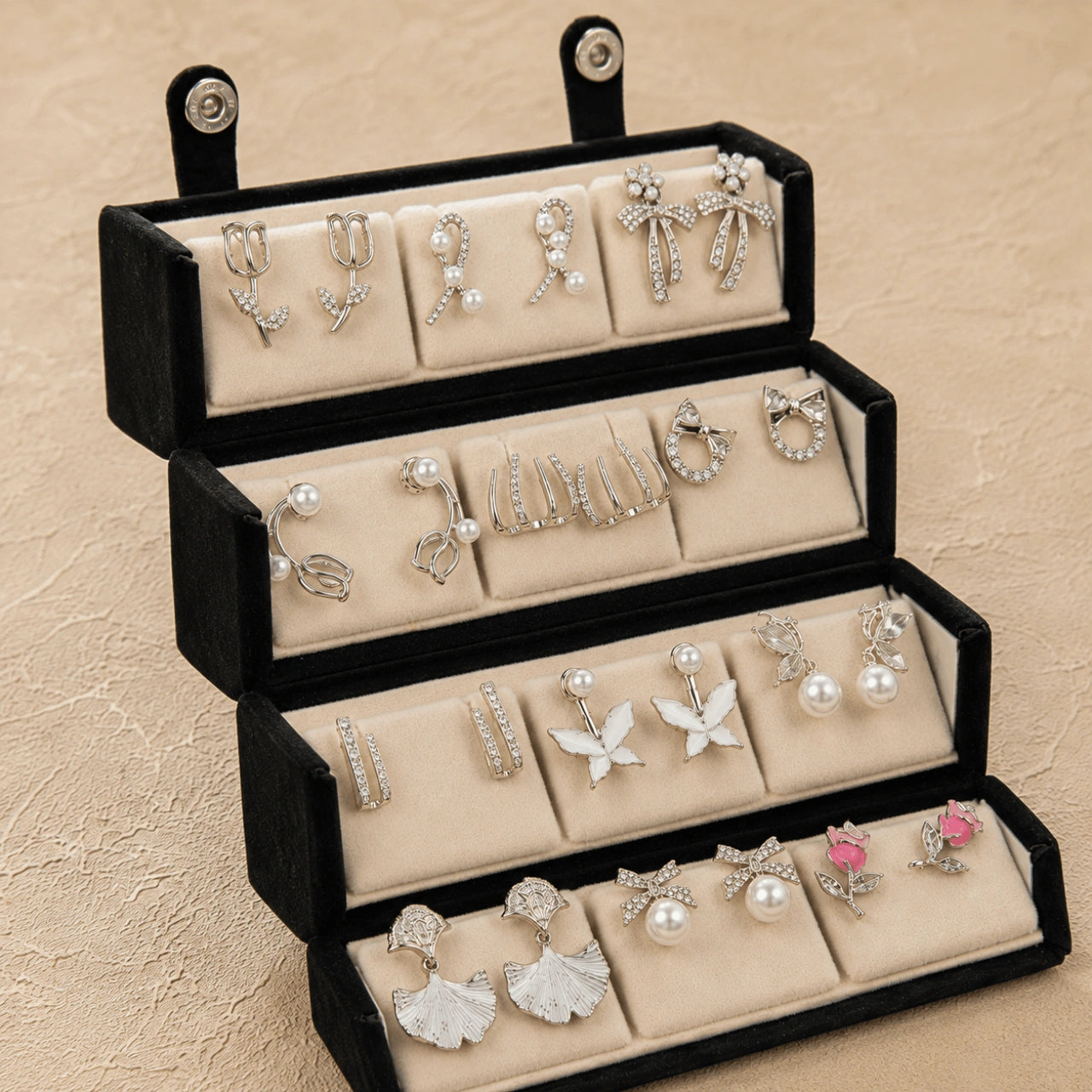 Charm Box – 12 Pairs Korean Silver Stud Earrings Set with Velvet Box