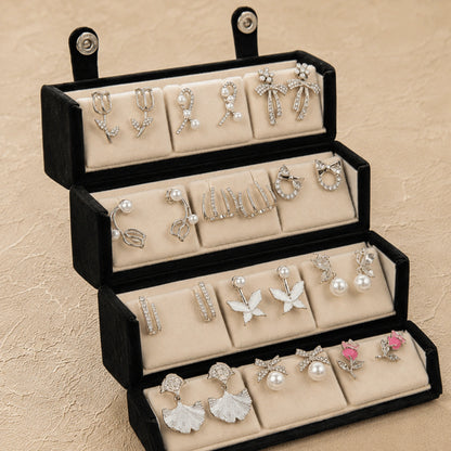 Charm Box – 12 Pairs Korean Silver Stud Earrings Set with Velvet Box