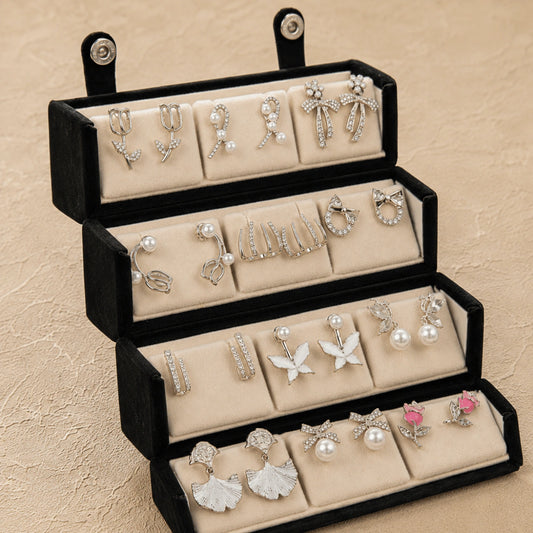 Charm Box – 12 Pairs Korean Silver Stud Earrings Set with Velvet Box