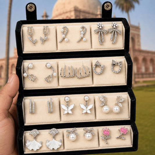 Charm Box – 12 Pairs Korean Silver Stud Earrings Set with Velvet Box