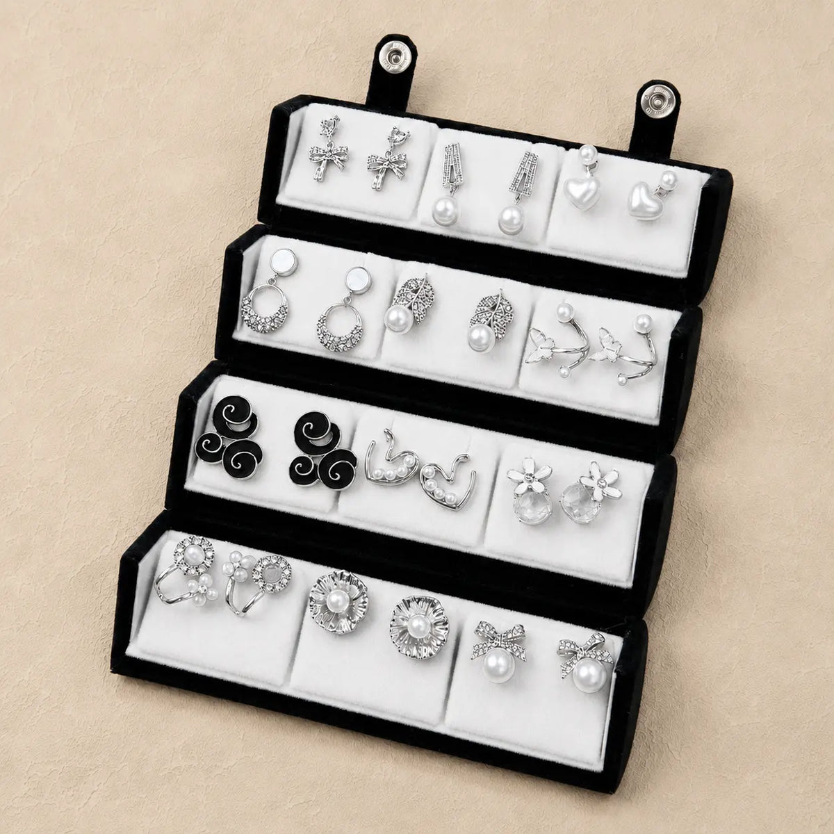 Pearl Noir – 12 Pairs Korean Silver Stud Earrings Set with Velvet Box
