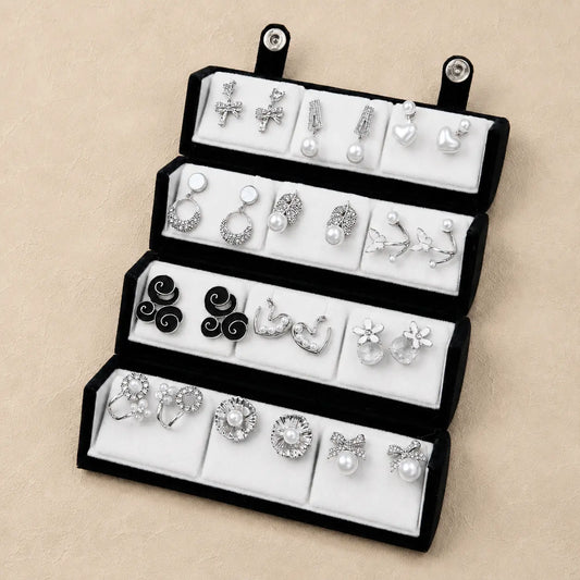 Pearl Noir – 12 Pairs Korean Silver Stud Earrings Set with Velvet Box