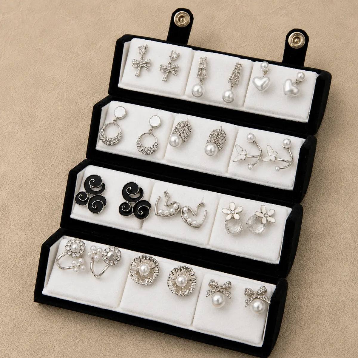 Pearl Noir – 12 Pairs Korean Silver Stud Earrings Set with Velvet Box
