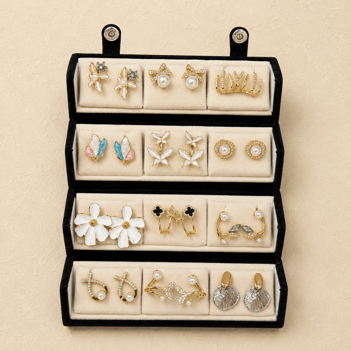 Golden Bloom – 12 Pairs Korean Gold Stud Earrings Set with Velvet Box