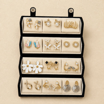 Golden Bloom – 12 Pairs Korean Gold Stud Earrings Set with Velvet Box