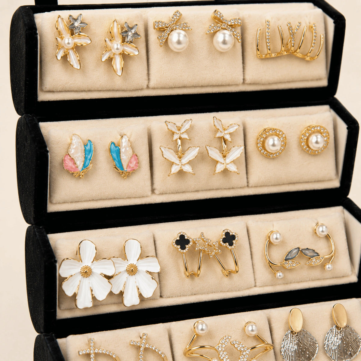 Golden Bloom – 12 Pairs Korean Gold Stud Earrings Set with Velvet Box