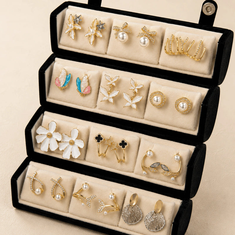 Golden Bloom – 12 Pairs Korean Gold Stud Earrings Set with Velvet Box