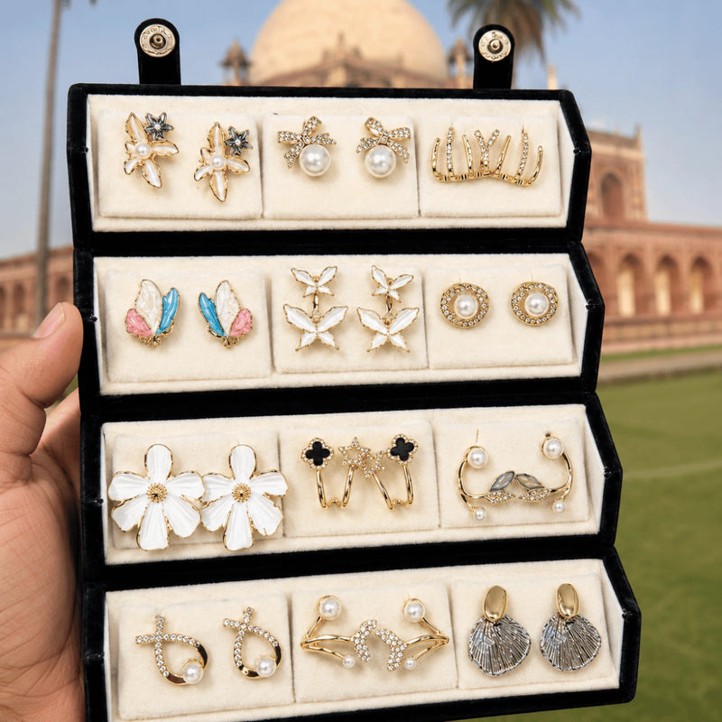Golden Bloom – 12 Pairs Korean Gold Stud Earrings Set with Velvet Box