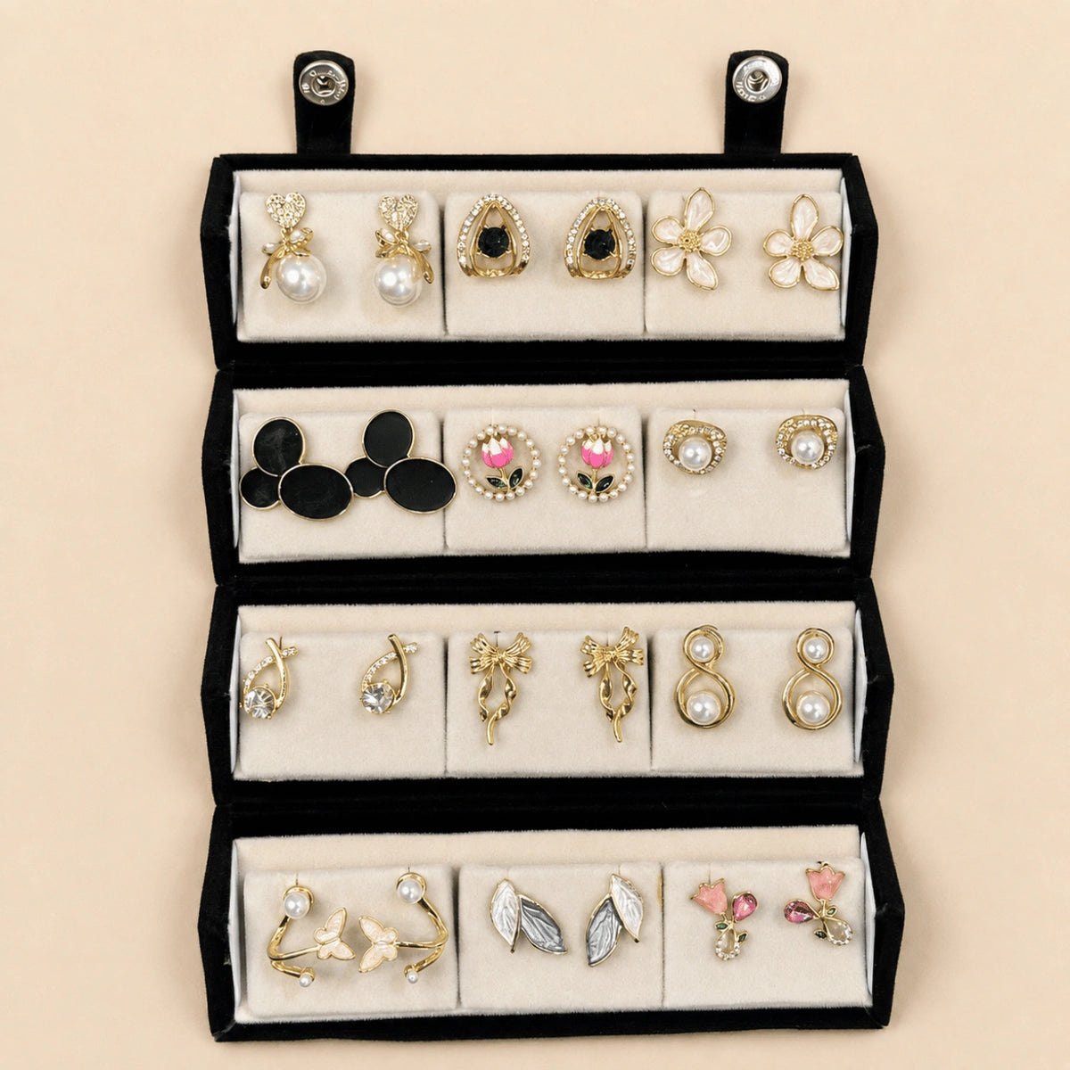 Garden Jewel – 12 Pairs Korean Gold Stud Earrings Set with Velvet Box