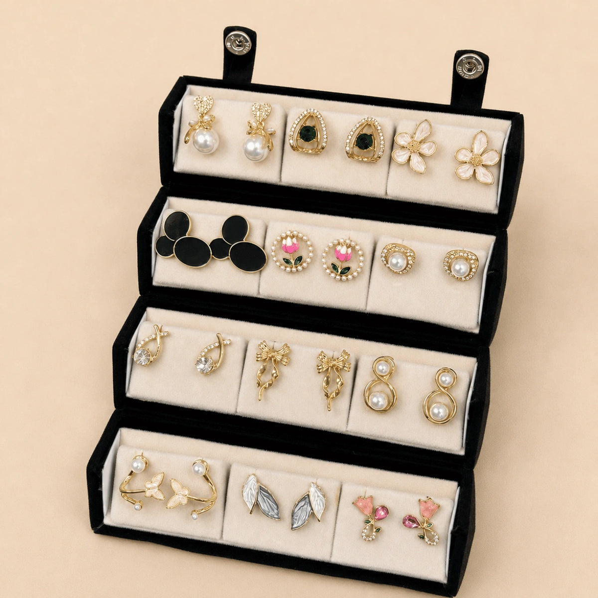 Garden Jewel – 12 Pairs Korean Gold Stud Earrings Set with Velvet Box