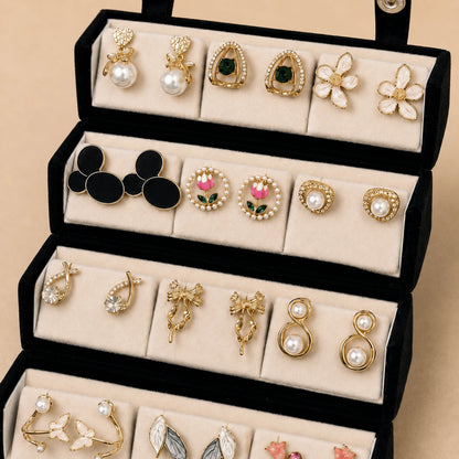 Garden Jewel – 12 Pairs Korean Gold Stud Earrings Set with Velvet Box