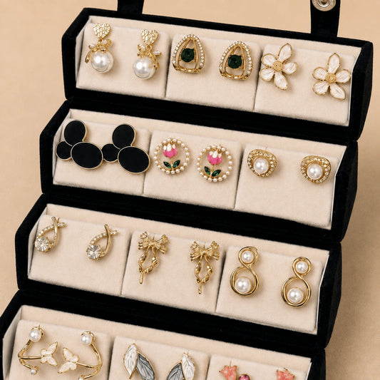Garden Jewel – 12 Pairs Korean Gold Stud Earrings Set with Velvet Box