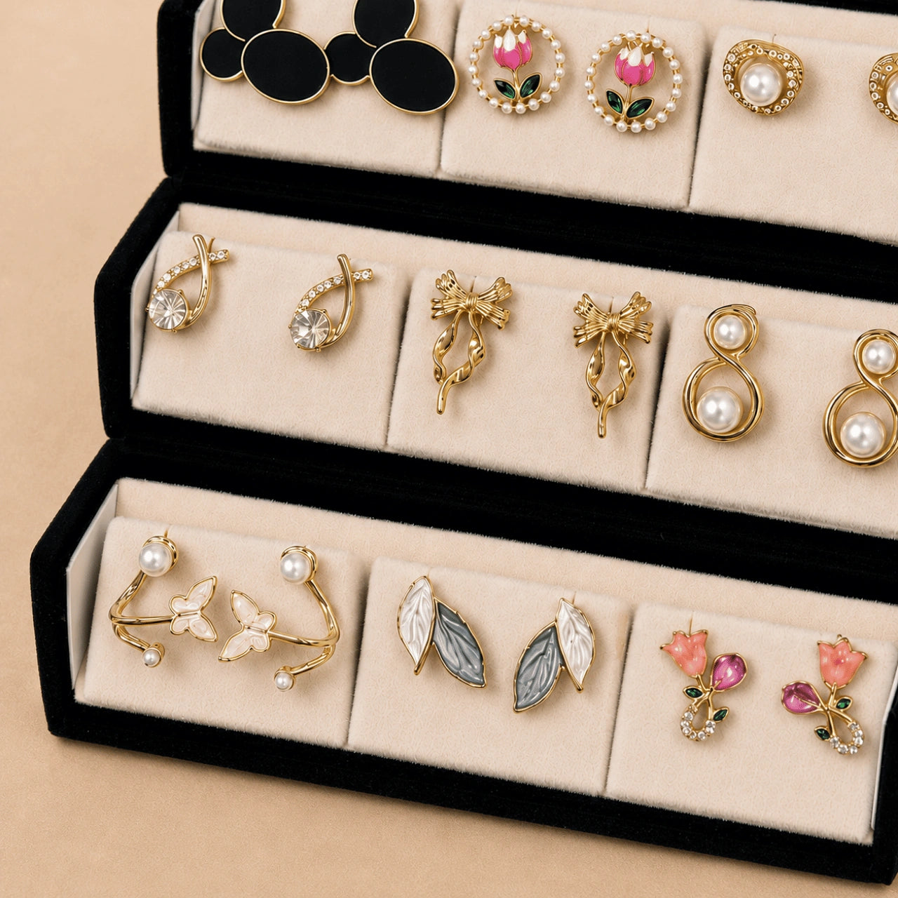 Garden Jewel – 12 Pairs Korean Gold Stud Earrings Set with Velvet Box