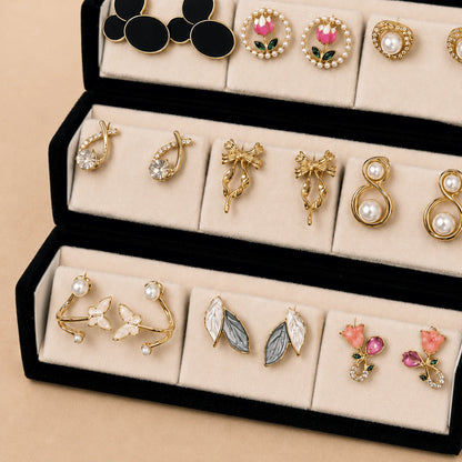 Garden Jewel – 12 Pairs Korean Gold Stud Earrings Set with Velvet Box