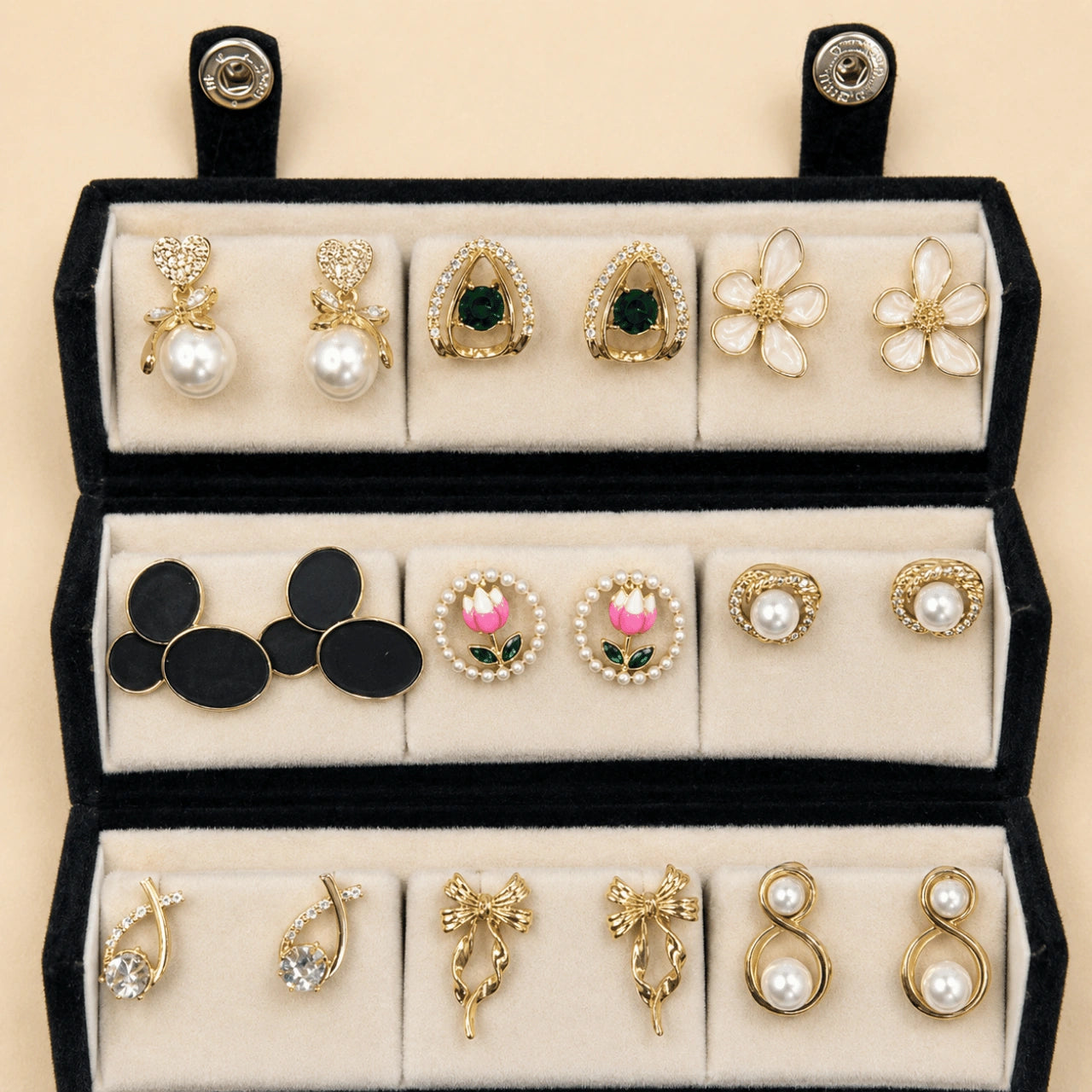 Garden Jewel – 12 Pairs Korean Gold Stud Earrings Set with Velvet Box
