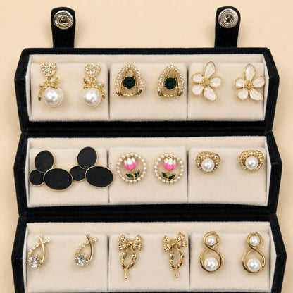 Garden Jewel – 12 Pairs Korean Gold Stud Earrings Set with Velvet Box