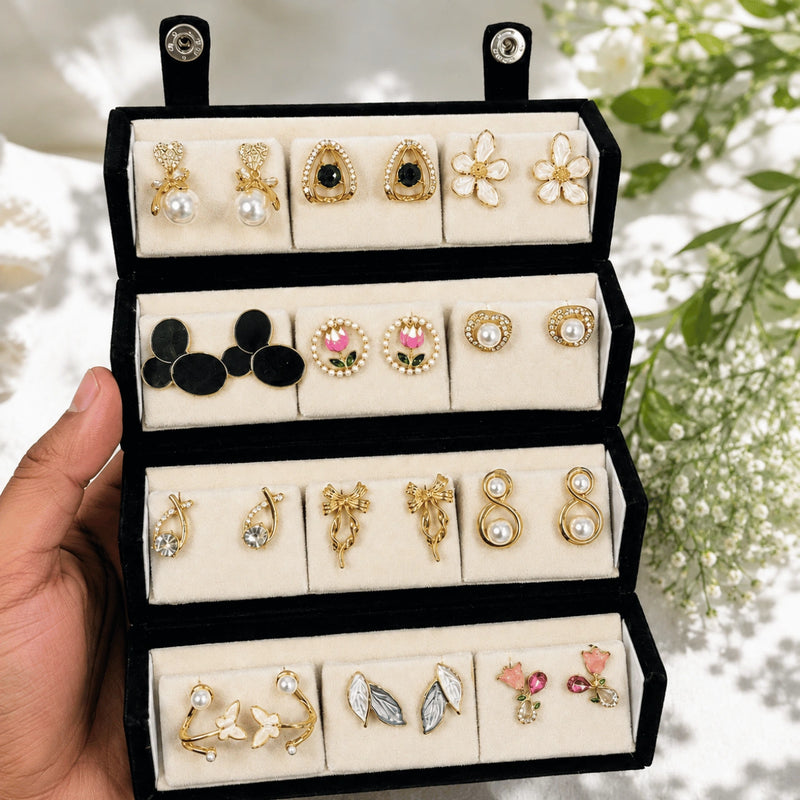 Garden Jewel – 12 Pairs Korean Gold Stud Earrings Set with Velvet Box