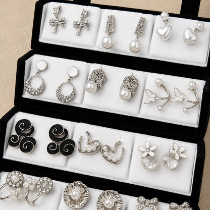 Pearl Noir – 12 Pairs Korean Silver Stud Earrings Set with Velvet Box