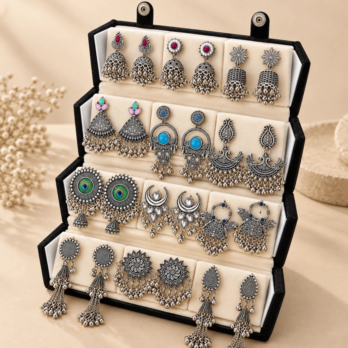 Oxidised Jhumka & Earrings Combo Set