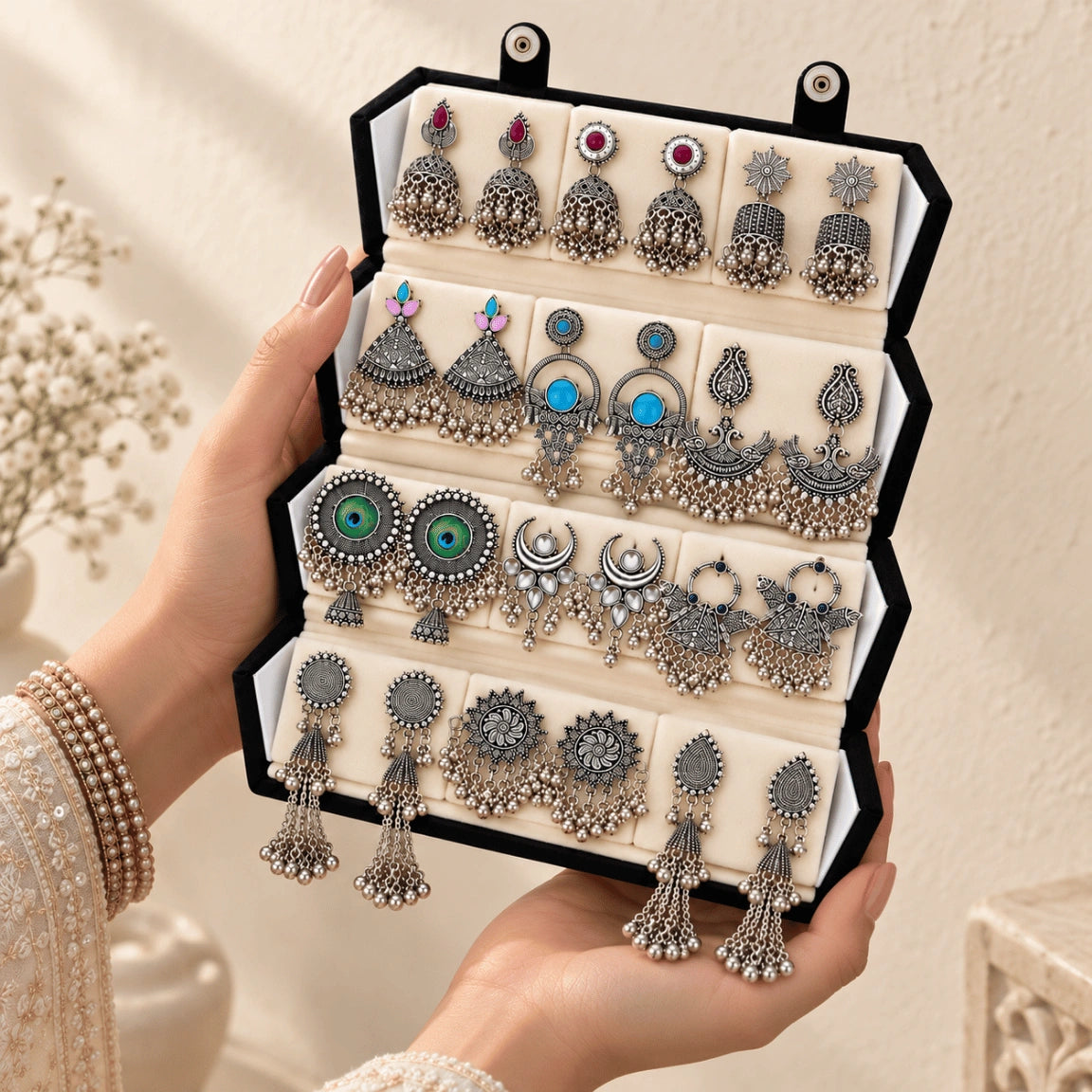 Oxidised Jhumka & Earrings Combo Set