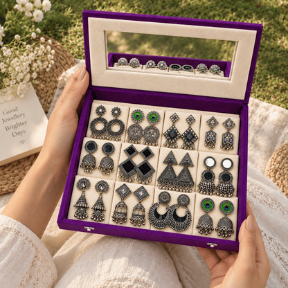 Oxidised Earrings Set with Jewellery Box | Jhumka Combo