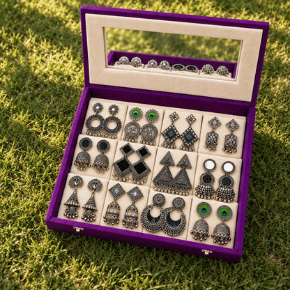 Oxidised Earrings Set with Jewellery Box | Jhumka Combo