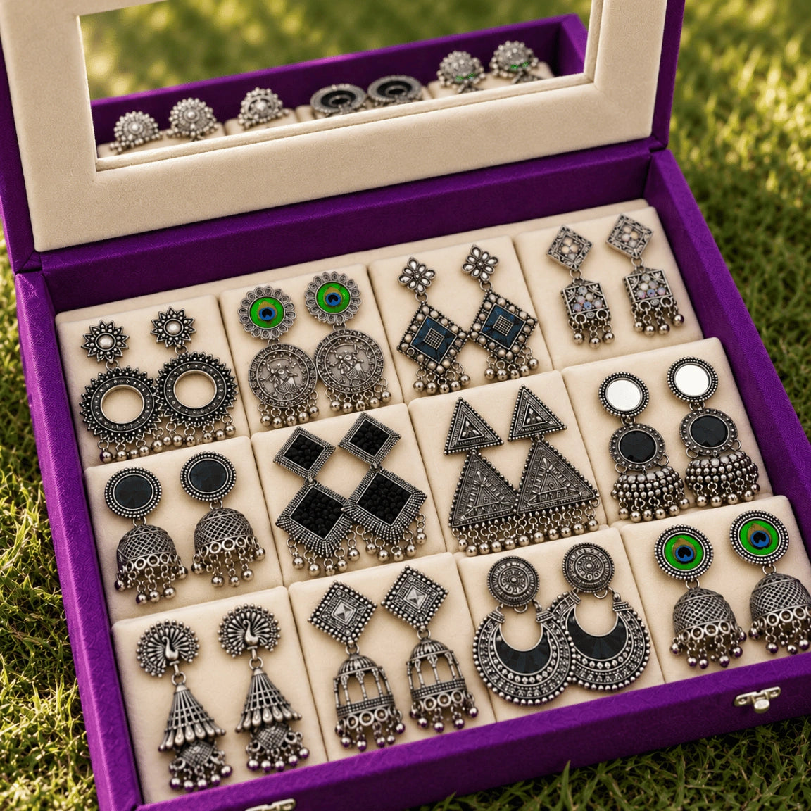Oxidised Earrings Set with Jewellery Box | Jhumka Combo