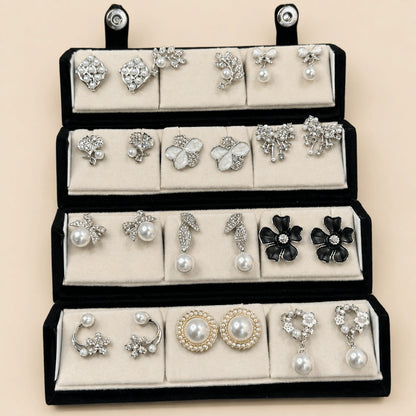 Crystal Muse – 12 Pairs Korean Silver Stud Earrings Set with Velvet Box
