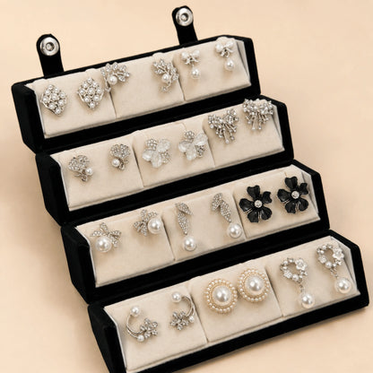 Crystal Muse – 12 Pairs Korean Silver Stud Earrings Set with Velvet Box
