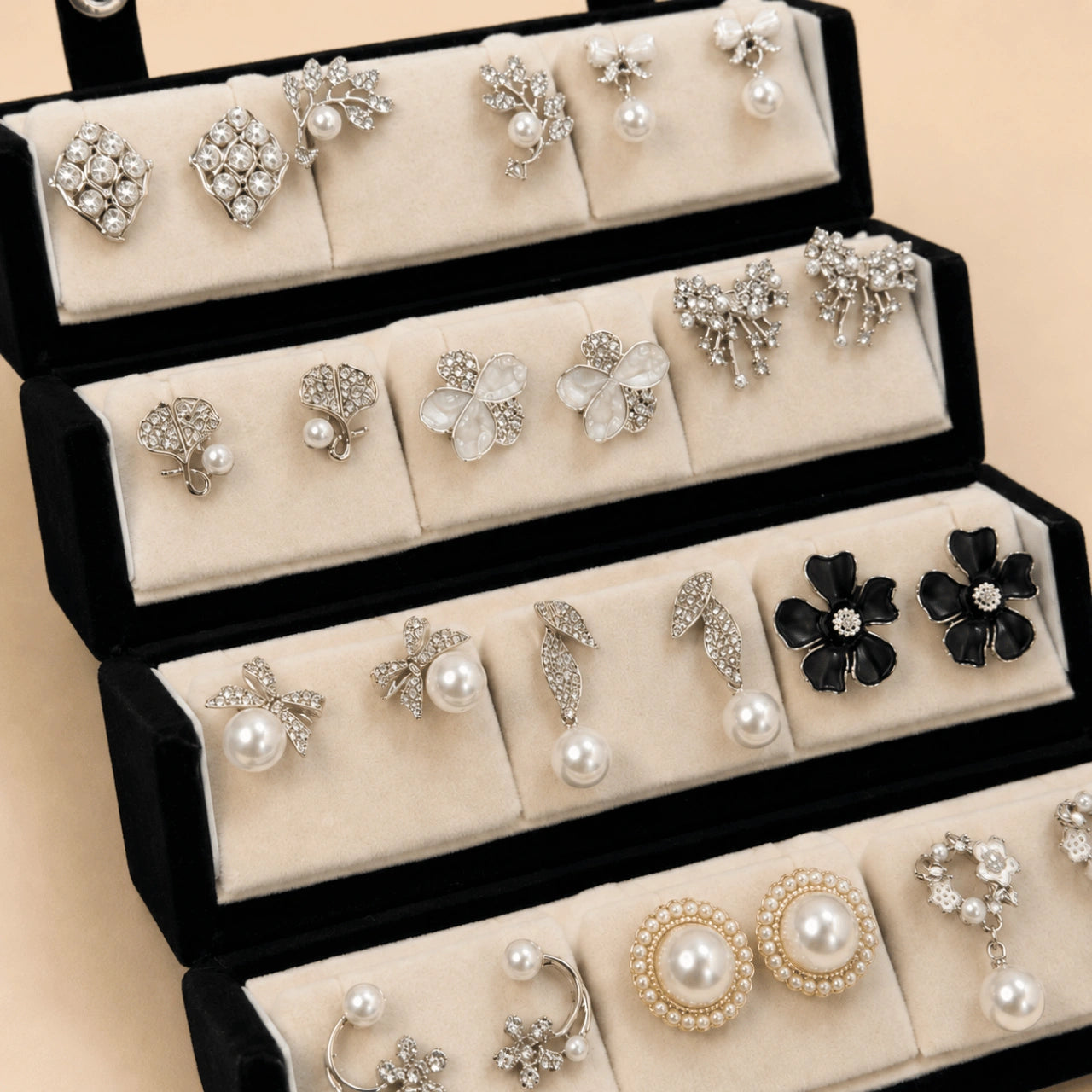 Crystal Muse – 12 Pairs Korean Silver Stud Earrings Set with Velvet Box