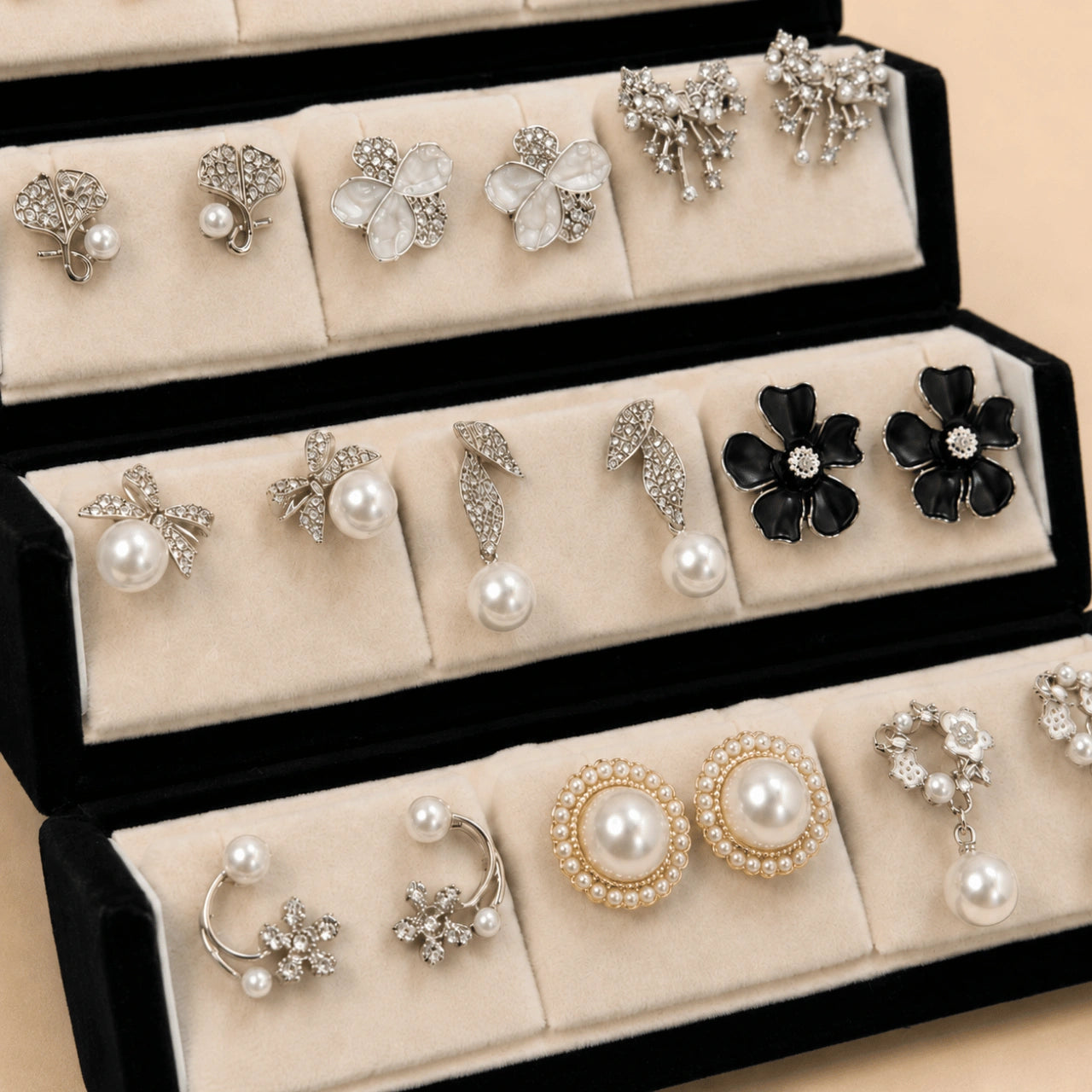 Crystal Muse – 12 Pairs Korean Silver Stud Earrings Set with Velvet Box