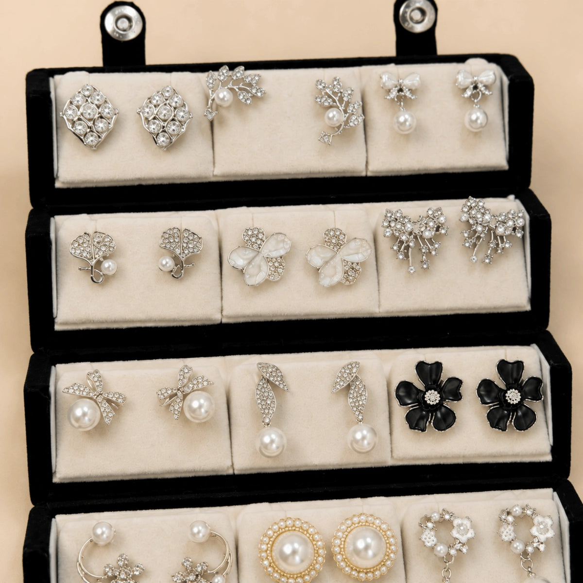Crystal Muse – 12 Pairs Korean Silver Stud Earrings Set with Velvet Box