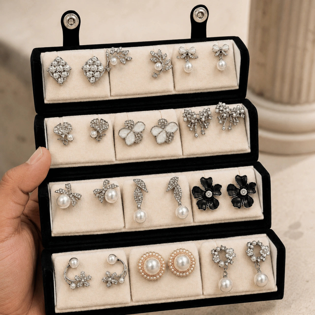 Crystal Muse – 12 Pairs Korean Silver Stud Earrings Set with Velvet Box