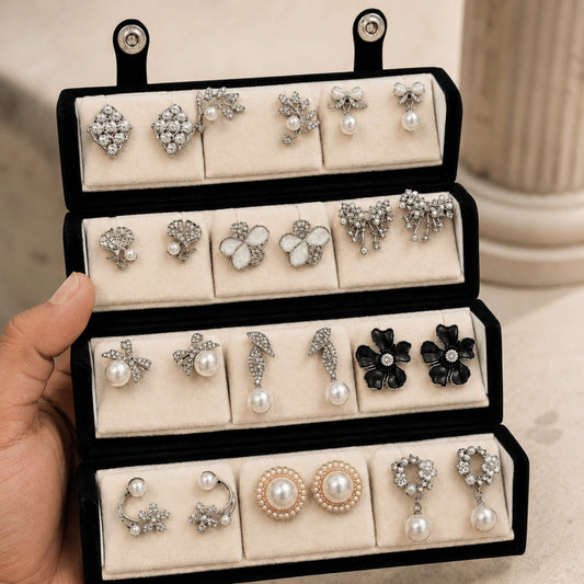 Crystal Muse – 12 Pairs Korean Silver Stud Earrings Set with Velvet Box