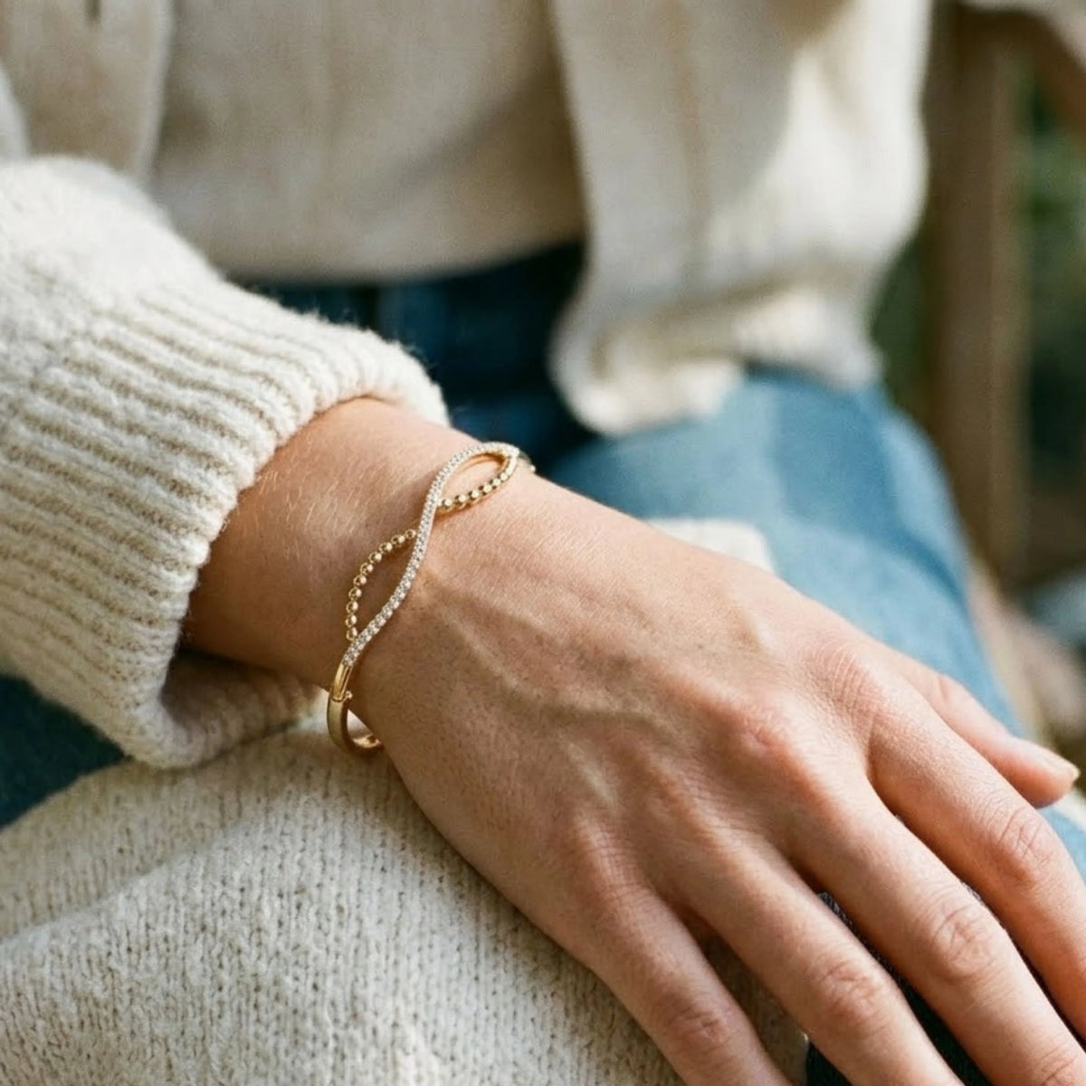 Gold Bead & Pavé Twist Bangle
