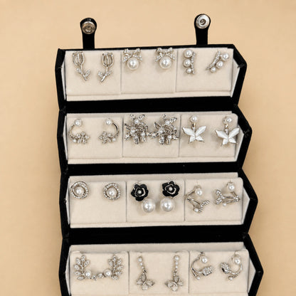 Silver Vine – 12 Pairs Korean Silver Stud Earrings Set with Velvet Box