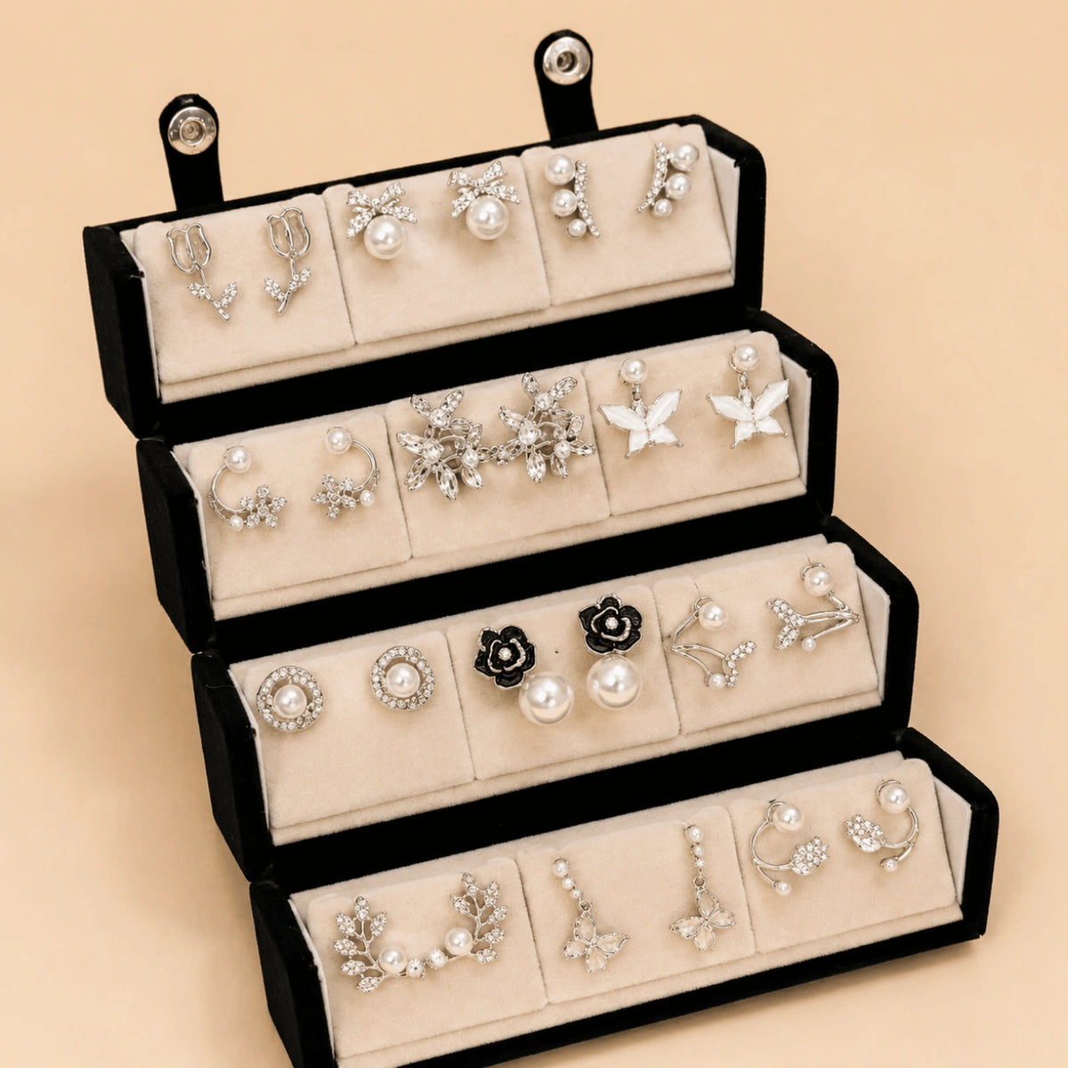 Silver Vine – 12 Pairs Korean Silver Stud Earrings Set with Velvet Box
