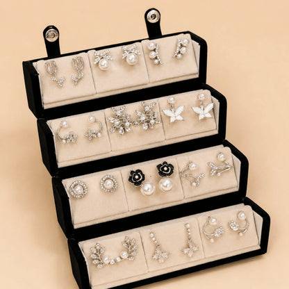 Silver Vine – 12 Pairs Korean Silver Stud Earrings Set with Velvet Box