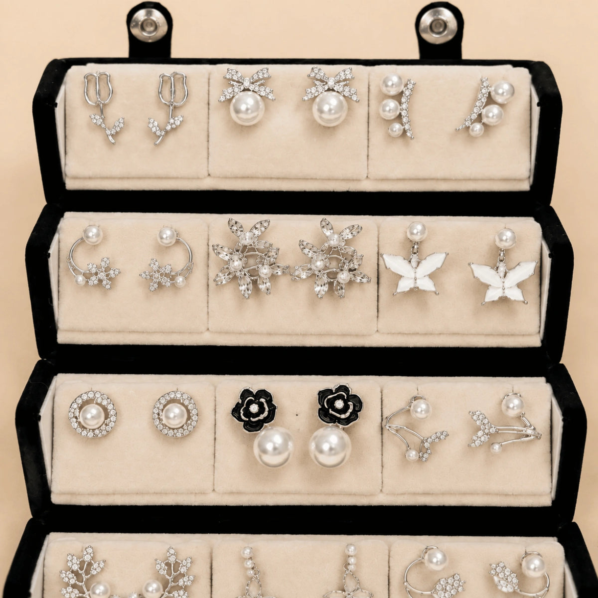 Silver Vine – 12 Pairs Korean Silver Stud Earrings Set with Velvet Box