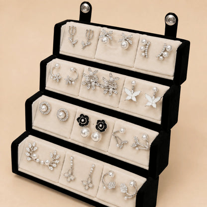 Silver Vine – 12 Pairs Korean Silver Stud Earrings Set with Velvet Box