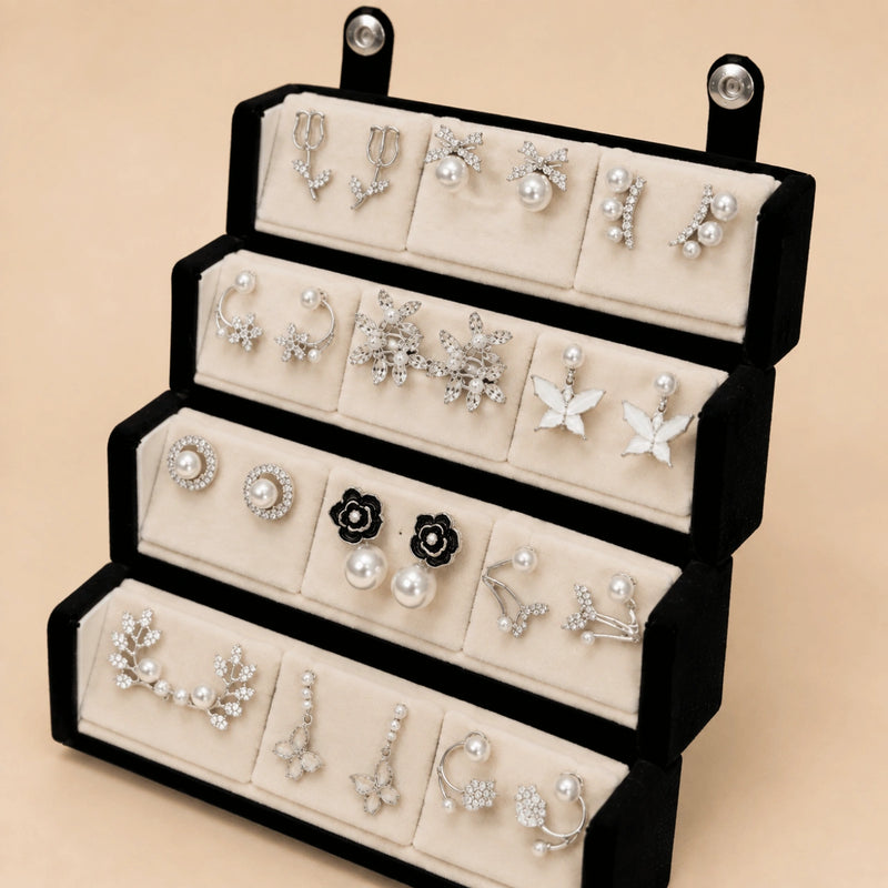 Silver Vine – 12 Pairs Korean Silver Stud Earrings Set with Velvet Box