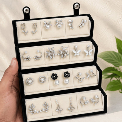 Silver Vine – 12 Pairs Korean Silver Stud Earrings Set with Velvet Box